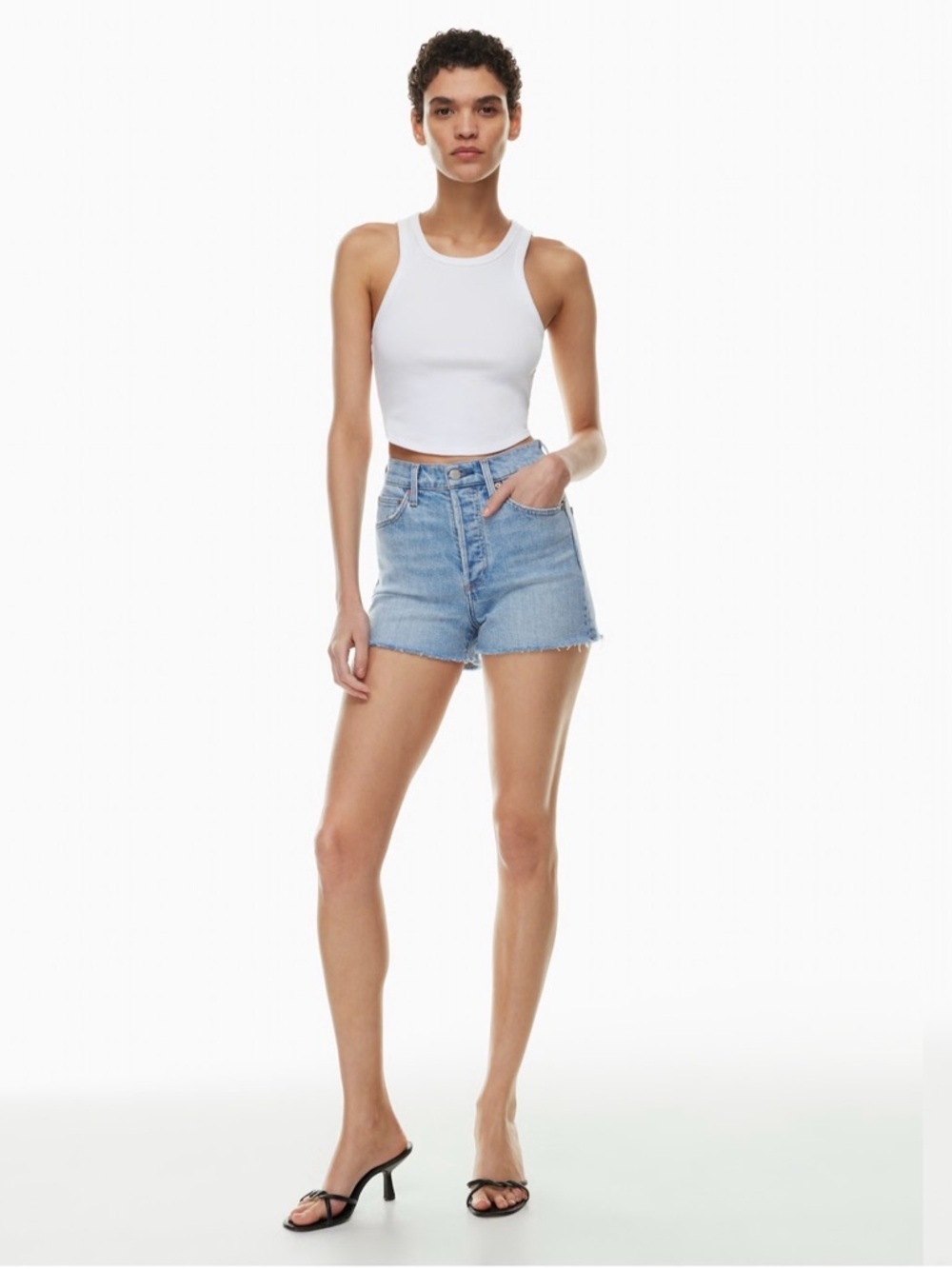 🆕 NWT Denim Forum The '50s Arlo Hi-Rise Denim Short Frayed in 7 Yrs Bleu Taboo